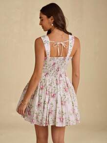 Enchnt 秋冬浪漫女士杏色花卉印花褶皱胸围吊带迷你连衣裙，甜美优雅，适合度假、约会、节日、生日、派对、毕业典礼、婚礼宾客、办公室和外出，舞会礼服，女士秋冬连衣裙，女士秋冬服装，返校，优雅的派对连衣裙， - 杏色 - 查看 7