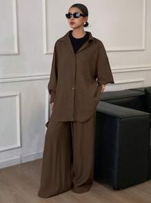 Livesso Toamna/Iarna Nou Lejer Casual Culoare Solidă Slouchy Femei Set 2 Piese Seturi de Lejerie Pentru Femei - cafea maro - Vizualizare 5