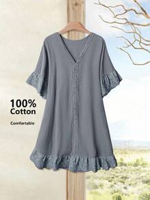 EMERY ROSE Rochie de vară pentru femei, mărime plus, cu decolteu în V, cu volane, mânecă scurtă, din dantelă, bleumarin