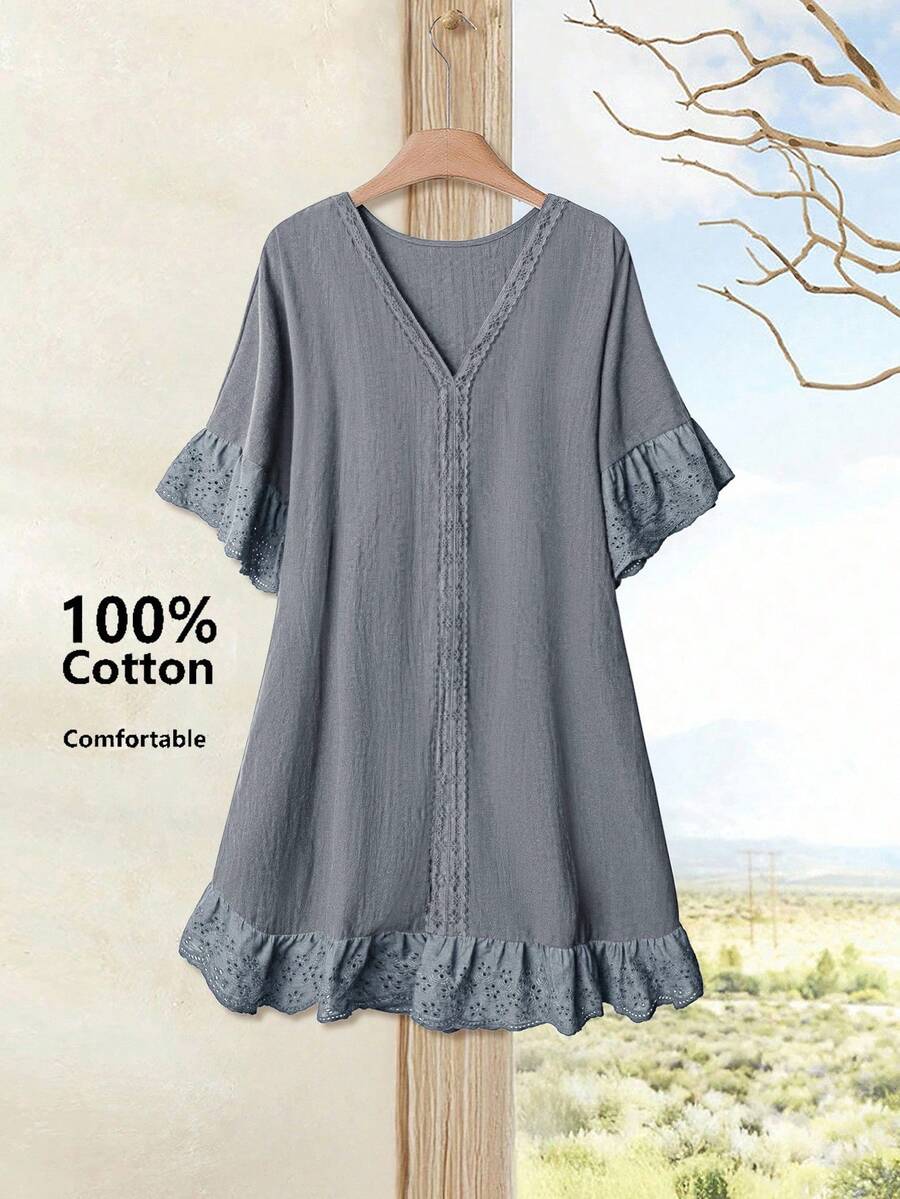 EMERY ROSE Rochie de vară pentru femei, mărime plus, cu decolteu în V, cu volane, mânecă scurtă, din dantelă, bleumarin