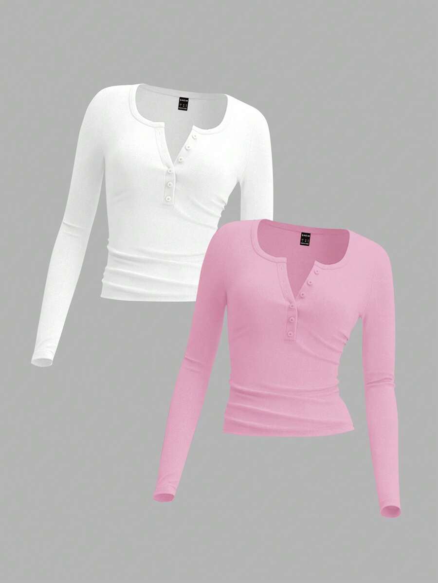 SHEIN EZwear 2件組女款針織長袖T恤,粉色與白色,適合秋冬季節上衣 - 彩色 - 查看 1