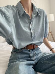 DAZY 新款宽松休闲破洞牛仔女衬衫，秋季女式夹克，秋季女装 - 藍色 - 查看 1