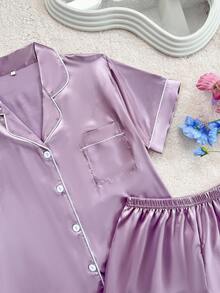 SHEIN 2件套缎面镶边领睡衣套装 - 淺灰紫 - 查看 4