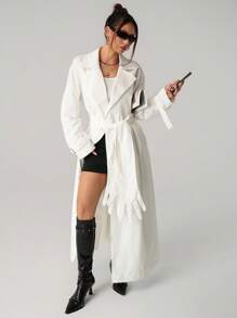 SHEIN ICON 长款前开掌装饰腰带女式风衣白色风衣秋冬女装 - 白色 - 查看 6