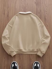 Manfinity Unisex 男士针织休闲宽松长袖卫衣，时尚日常穿着，秋冬季，情侣装 - 淺卡其色 - 查看 3