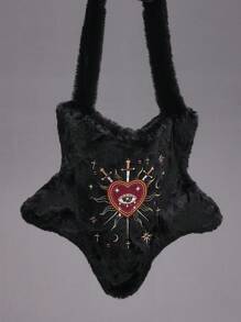 ROMWE Grunge Punk 万圣节红心眼水钻、星星、月亮、十字架、剑创意设计 Y2K 朋克风格女士黑星毛绒斜挎包