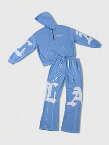 ROMWE MEN Street Life Men's Applique Graphic Hoodie Set , Fall Clothes - Blue - View 1