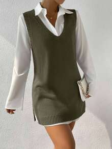 EURMUSE Women's Solid Color V-Neck Sleeveless Sweater Dress - Hijau Tentara - View 4