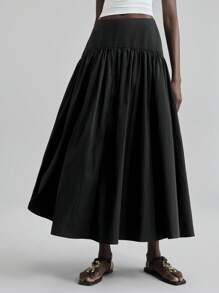 Ontre Chân váy xếp ly cạp cao 2026SS dành cho nữ, chất liệu mềm mại và thoải mái, phù hợp cho đi làm, công sở và mặc hàng ngày. Chân váy dài xếp ly cạp chun màu trơn dành cho nữ, kiểu dáng công sở thường ngày. - màu đen - Xem 5