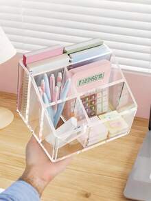1个超吸引笔筒收纳盒，宿舍办公室桌面文具透明网格收纳盒，桌面化妆品收纳盒，铅笔橡皮擦文具收纳笔筒 - 彩色 - 查看 6