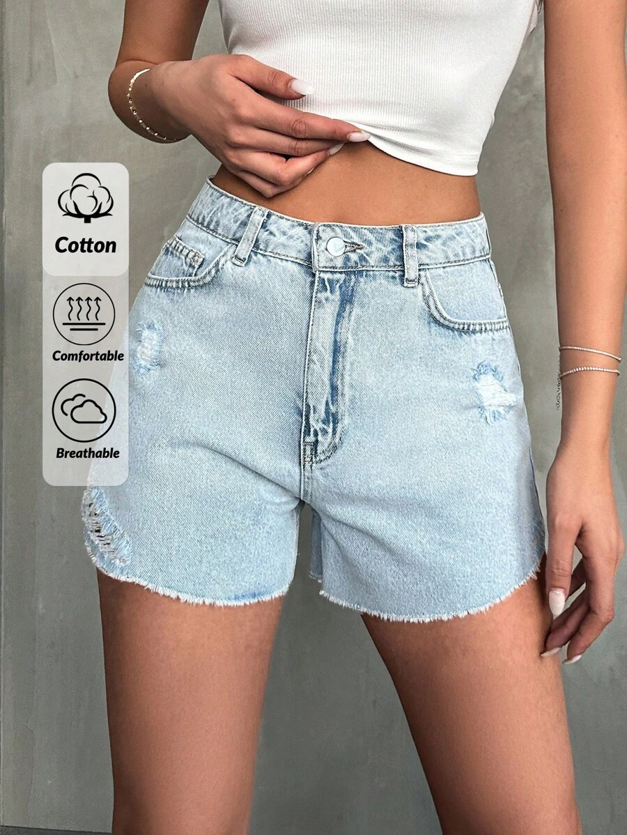EURMUSE 女士磨損後的鬆繩牛仔短褲 - 淺色水洗藍 - 查看 1