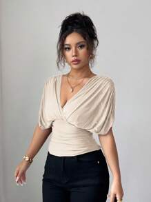 Selianne 女士春夏网眼弹力针织衬里优雅度假海滩通勤休闲法式浪漫交叉褶皱聚拢肩袖腰部褶皱抽绳荷叶边下摆 T 恤 - 杏色 - 查看 4