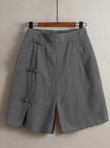 Linhara 大码女式夏季亚麻休闲通勤日常外出松紧腰圆下摆开衩设计中国结装饰纽扣短裤 - 灰色 - 查看 1