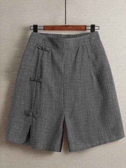 Linhara Pantalones cortos de mujer talla grande de verano de lino, casuales, para ir al trabajo o salir, con cintura elástica, bajo redondeado, diseño de abertura y decoración de nudo chino con botones