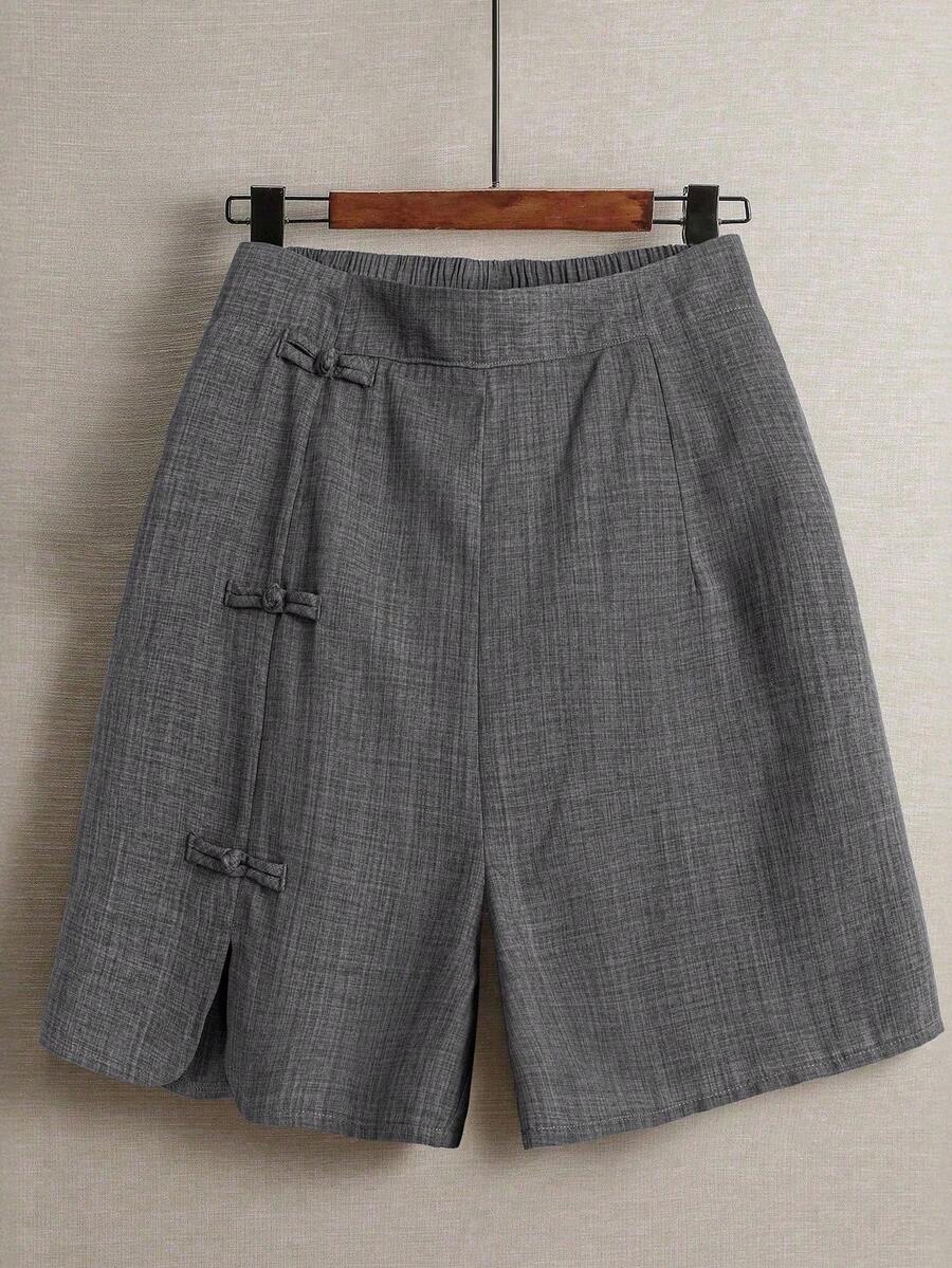 Linhara 大码女式夏季亚麻休闲通勤日常外出松紧腰圆下摆开衩设计中国结装饰纽扣短裤 - 灰色 - 查看 1