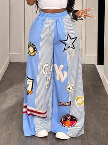 BamGleam 女式松紧腰五角星条纹印花阔腿休闲裤 - 藍色 - 查看 3