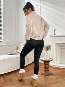 SHEIN 2 件套女士休闲卡其色纯色长袖运动衫和黑色裤子套装 - 卡其色 - 查看 2