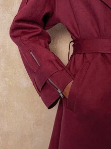 SHEIN Privé VITNOS Women's Burgundy Autumn Elegant Office Solid Color Lapel Neck Casual Trench Coat,High-End Winter Long Jacket For Date Night,Parties,Holiday - Khaki - View 8
