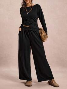 SHEIN VCAY Ensemble 2 pièces femme grande taille, Top plissé à manches longues de couleur unie et pantalon large, tenue décontractée - Noir - Voir 6