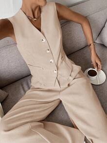 Siren Gaze Bộ vest và quần âu trơn màu thường ngày/công sở dành cho nữ mùa thu/đông - Màu be - Xem 3