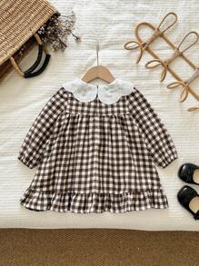 LMoss Kids Vestido casual de niña joven con cuello de cuadros tejidos, vestido de niña pequeña marrón, vestido de estilo francés de primavera y otoño para niñas, vestido a cuadros para niñas, vestido de otoño para niños, vestido a cuadros para niña, estilos acogedores de otoño e invierno, vestidos de otoño, manga larga