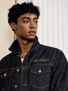 SWAVVY 男士刺绣长袖休闲牛仔夹克 - 深色水洗藍 - 查看 7