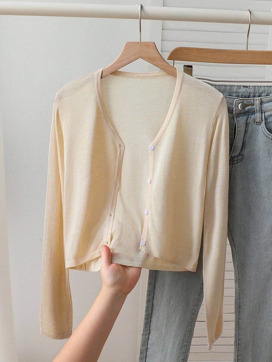 女童薄款简约时尚针织毛衣长袖开衫 - 卡其色 - 查看 1