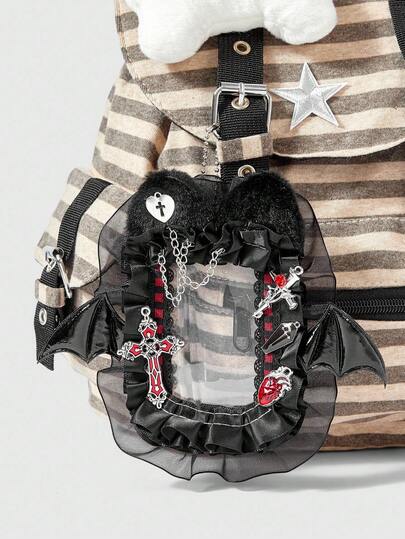 Anime Halloween Black Lace Bat Wing Cross Charm Casual Chic Multifunctional Card Holder, Suitable For ID Card, Photo, Etc.