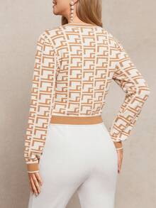 Amorya 女式优雅针织撞色复古卡其色花卉图案开衫，秋季 - 彩色 - 查看 2