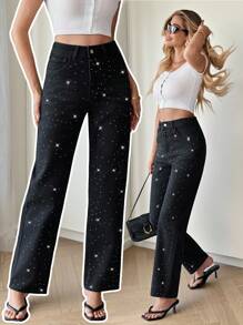 Siren Gaze Women's Summer Fall Autumn Back To School Homecoming Halloween Y2k Cute Streetwear Goth Grunge Techno Birthday Night Out Going Out Club Airport Business Casual Woman Country Vintage Modest Old Money Business Casual Woman Work Clothes Solid Color Minimalist Everyday Rhinestone Decorated Denim Black Jeans Black - Black - View 5