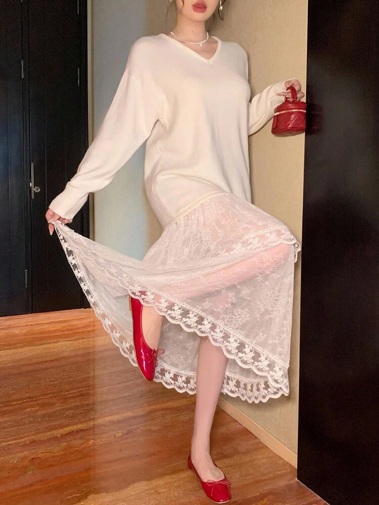 Knitted Casual Loose Dress For Office Wear, Lace Patchwork Cake, Elegant Wedding Party Dress, Back To School Season, Women Sweater Dress,Fall Women Clothes