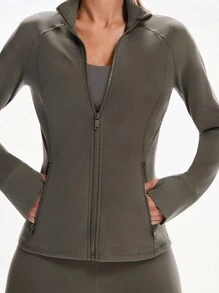 GLOWMODE FeatherFit™ Slim-It Streamline Performance Secure Pockets Zip Up Long Sleeve Jacket Low Impact Yoga Daily  Spring Summer - Brown - View 8