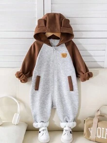 SHEIN Newborn Baby Unisex Plush Bear Hooded Jumpsuit, Casual Color Block Design, Autumn/Winter Baby Clothes, Baby Halloween Costume Newborn Baby Boy Winter Clothes Hooded Baby Jumpsuit Baby Boy Winter Jumpsuit Zip Up Baby Jumpsuit Fall - Multicolor - View 10