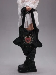 ROMWE Grunge Punk 万圣节红心眼水钻、星星、月亮、十字架、剑创意设计 Y2K 朋克风格女士黑星毛绒斜挎包