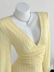 SHEIN Unity 2pcs Women's Casual Daily Solid Color Knitted Textured Cream Yellow Deep V Bubble Ruffle Long Sleeve Fashion Mini Dress + Safety Shorts, Autumn - Yellow - View 5