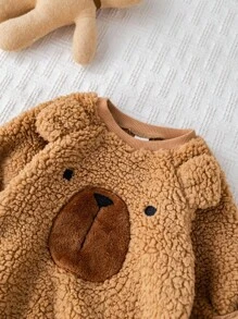 Cozy Pixies Body pentru bebeluși cu mânecă lungă, tricotat cu model de ursuleț de desene animate, moale, cu guler rotund, salopetă pentru bebeluși, salopetă pentru bebeluși, ursuleț de pluș, ținută maro pentru bebeluși, haine pentru bebeluși moca, salopetă sherpa pentru bebeluși, toamnă-iarnă - Cămilă - Vizualizare 6