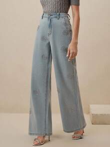 Anewsta Quần jean denim xanh nhạt đính đá sang trọng dành cho nữ - Rửa nhẹ - Xem 6