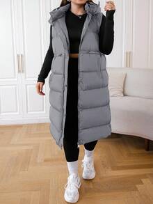 EURMUSE 冬季大码长款连帽黑色背心夹克 - 淺灰色 - 查看 5