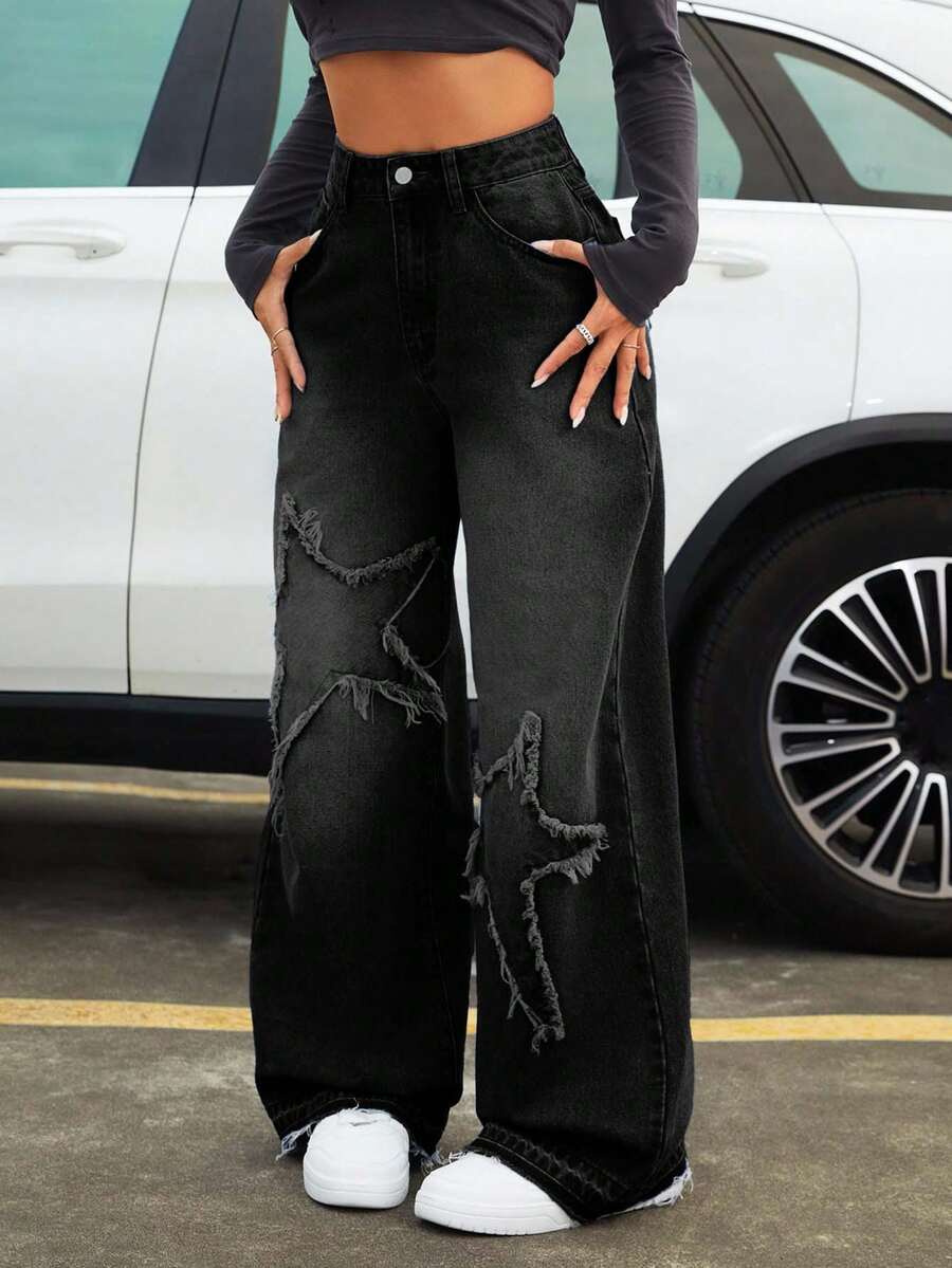 Women's Pocket Star Frayed Hem Wide Leg Loose Jeans - Black - View 1