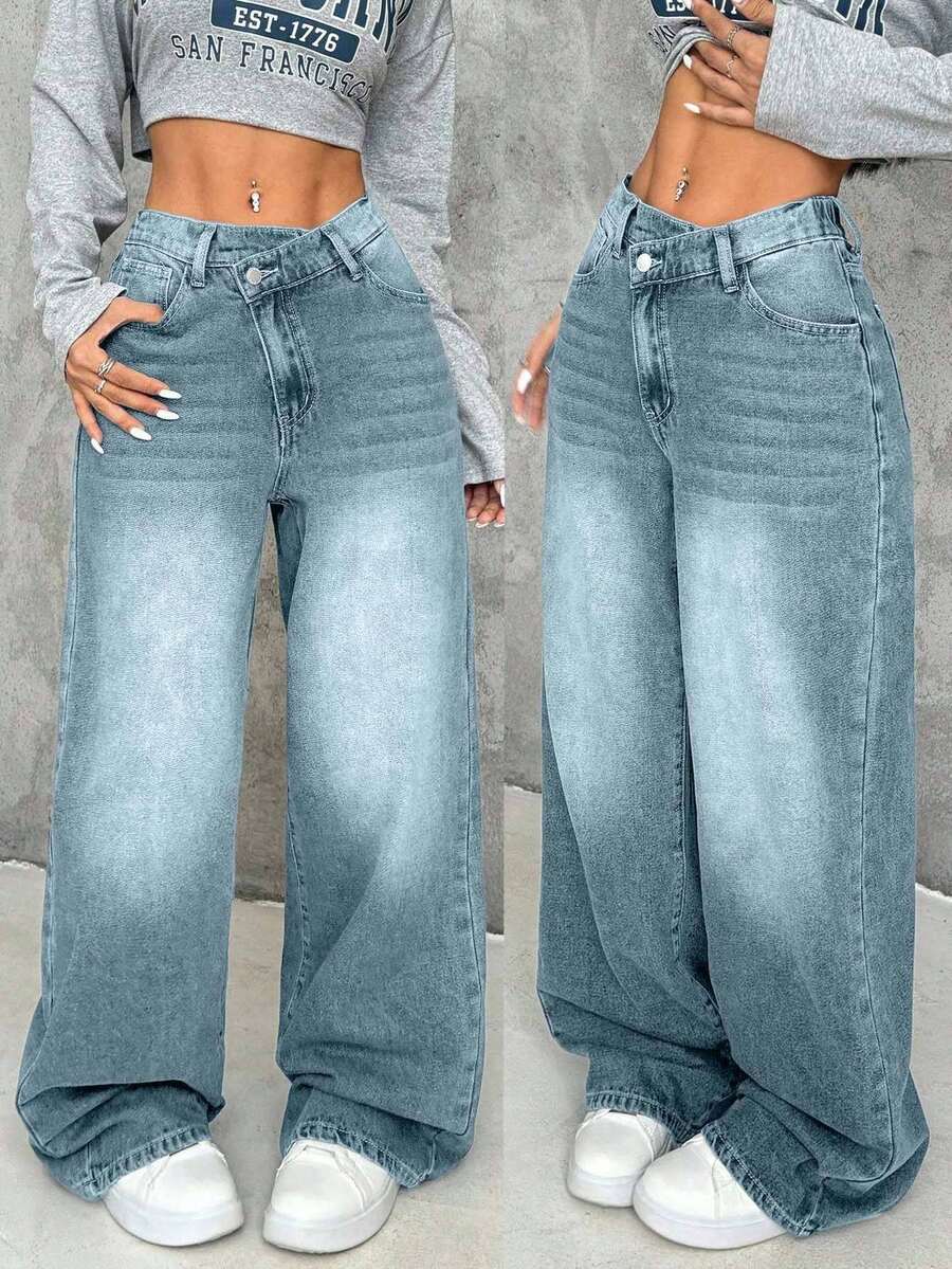 EURMUSE Women's Thick Denim Jeans, Oblique Placket, Loose Wide-Leg Pants, Blue - Light Wash - View 1