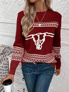 EURMUSE Jesienno-zimowy sweter z okrągłym dekoltem w kontrastowym kolorze, wzorem wołu, swobodny i wygodny - Burgund - Zobacz 3