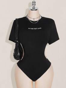 SHEIN ICON 加大码 Y2K Baddie 女款黑色高弹镂空轻薄无缝针织连体衣 - 黑色 - 查看 7