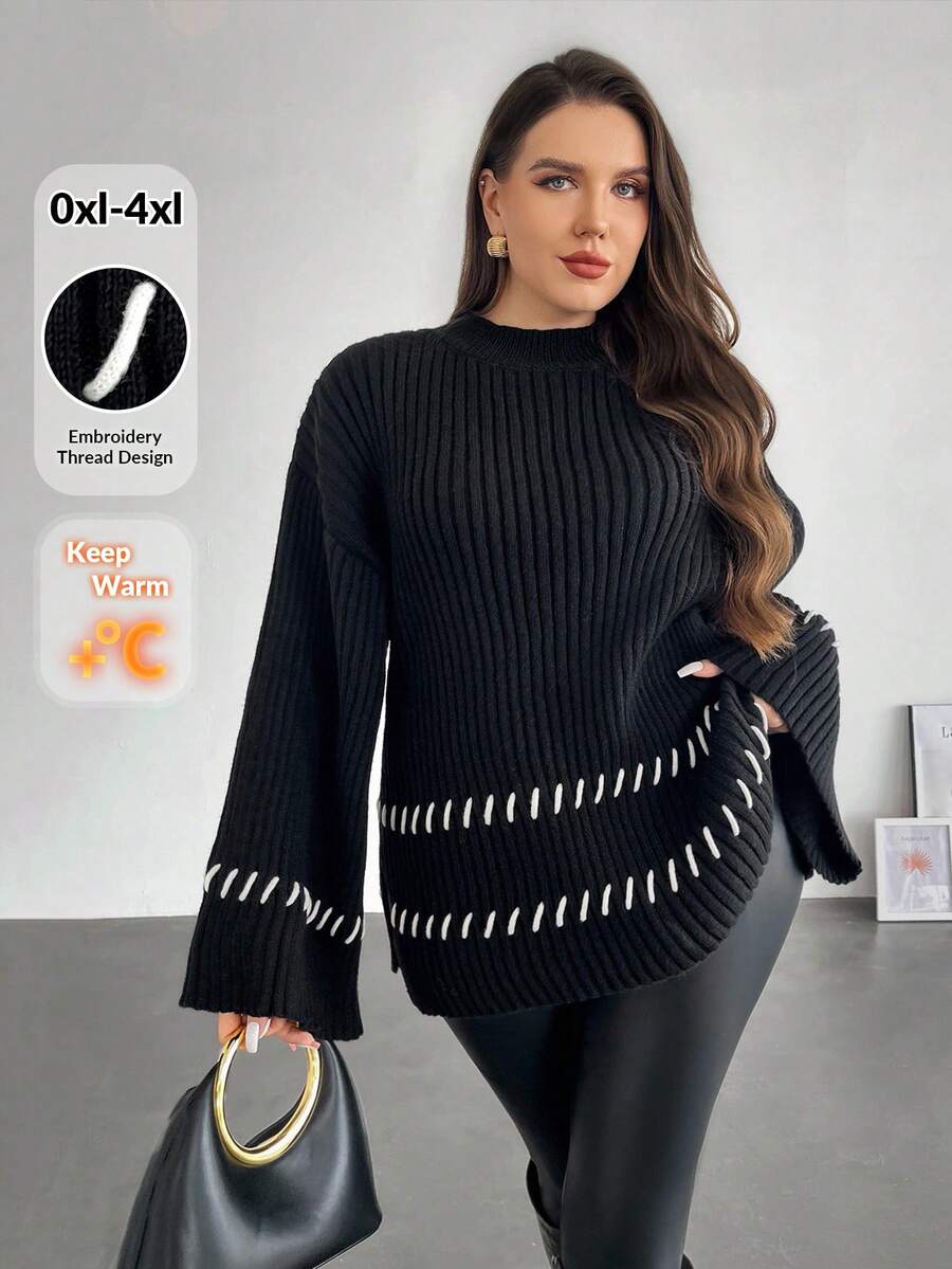 Firerie Plus Size Women's Casual Everyday Minimalist White Contrast Edge Side Slit Knit Pullover Sweater, Autumn/Winter Ribbed Sweaters Women Sweaters Plus Size Sweaters Sweaters With Bell Sleeves Embroidered Sweaters - Black - View 1