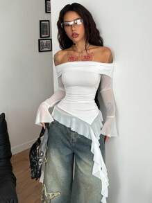 Coolane Women's Fall/All-Season Streetwear Festival Country Concert Y2K Boho Gyaru Ruffle Ribbon White Off The Shoulder Tees,Fall Tops - White - View 1