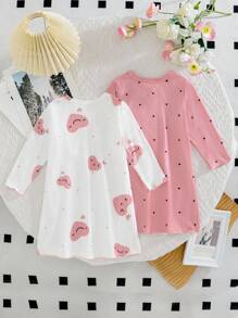 2pcs Baby Girls' Short Sleeve Nightgown, Casual Cute Printed Interchangeable, Suitable For Home Wear, Spring/Autumn Baby Girl Night Dress - Dusty Pink - View 2