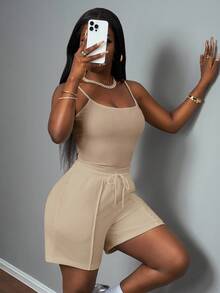 Slaydiva New Spring And Summer Casual Basic Sports Style U-Neck Suspender Vest + Five-Point Trousers With Tooth Strips Decorative Sweatpants White Women's Two Pieces Set-A - Apricot - View 8