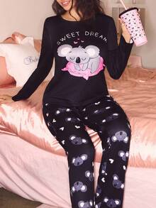 可爱考拉印花女士长袖上衣长裤睡衣套装，秋季甜梦睡衣套装，秋冬服装