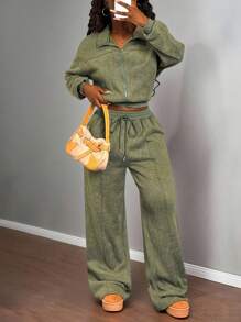 Slaydiva 2025春夏秋冬新款休闲简约军绿色雪洗针织半开襟立领长袖毛衣+高腰阔腿条纹裤女两件套，适合日常出行、返校、毕业典礼、购物、通勤、朋友聚会、早午餐、机场穿搭、度假、运动休闲等场合。 - 軍綠色 - 查看 5