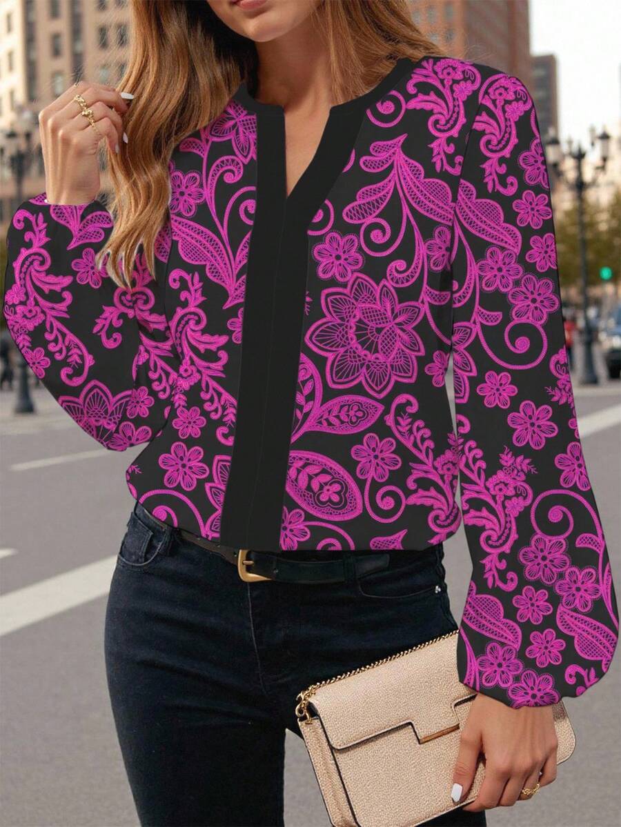 Glamance Ayrana Barboza Women's Casual Simple Long Sleeve Shirt, Elegant For Commuting, Suitable For Autumn/Winter Women Blouses Long Sleeve Long Sleeve Blouse Printed Blouse Women Fashion Tops Pink Floral Blouse