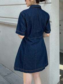 K-Vae 女式秋季深牛仔蓝底原创牛仔短裙，纽扣半襟休闲衬衫牛仔裙，女式秋季服装，返校节服装，外出服装，老款服装 - 中等水洗藍 - 查看 2